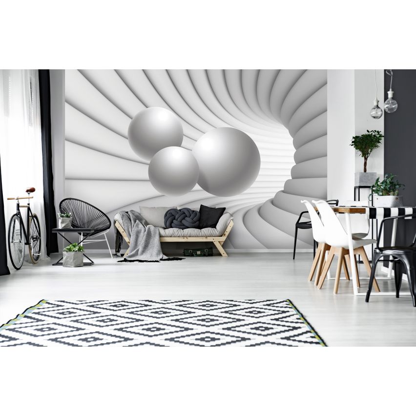 Fototapete-VLIES-3D TUNNEL-(C10141)-Tapete-Nach-Maß-Schwimmend Silber Bälle Serpentin XXL