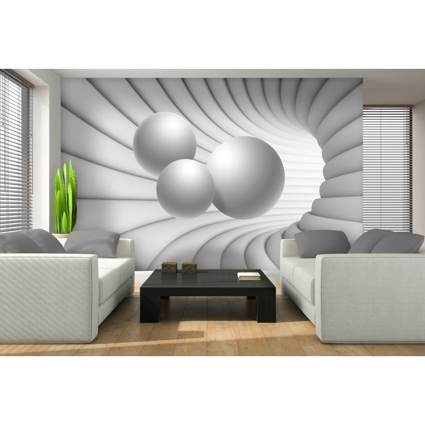 Fototapete-VLIES-3D TUNNEL-(C10141)-Tapete-Nach-Maß-Schwimmend Silber Bälle Serpentin XXL