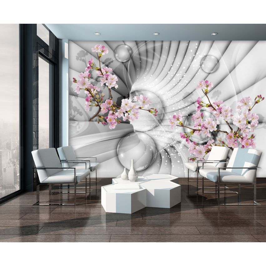 Fototapete-VLIES-3D TUNNEL-(C10200)-Tapete-Nach-Maß-Rosa Blüte Schwimmend Glas-Bälle Serpentin XXL