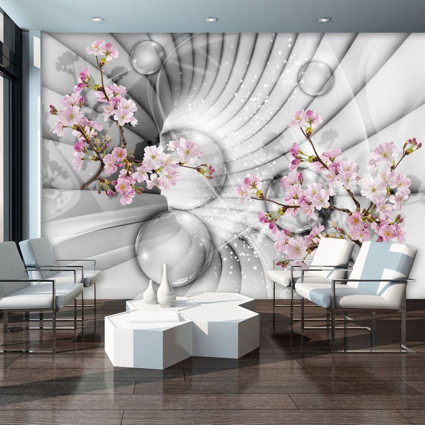 Fototapete-VLIES-3D TUNNEL-(C10200)-Tapete-Nach-Maß-Rosa Blüte Schwimmend Glas-Bälle Serpentin XXL
