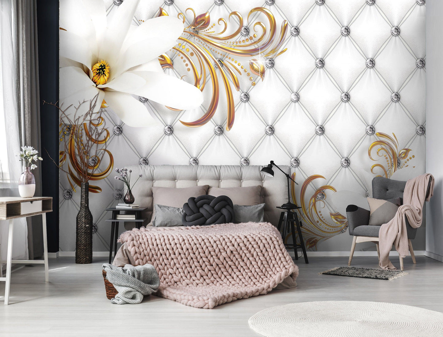 Fototapete-VLIES-DIAMONDS AND PEARLS-(C10309)-Tapete-Nach-Maß-Blumen Gold Silber Muster Crystal Strukturen XXL