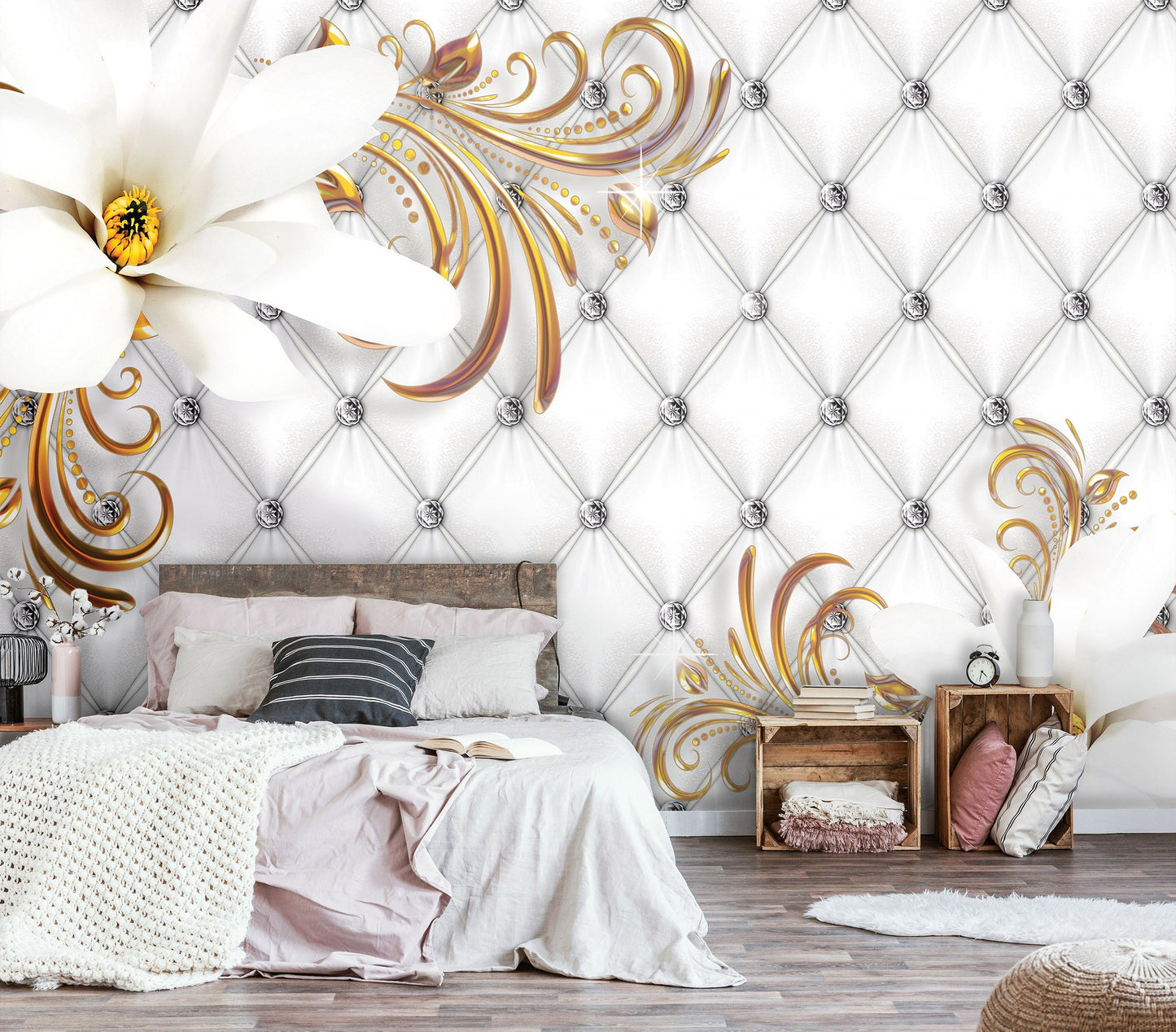 Fototapete-VLIES-DIAMONDS AND PEARLS-(C10309)-Tapete-Nach-Maß-Blumen Gold Silber Muster Crystal Strukturen XXL