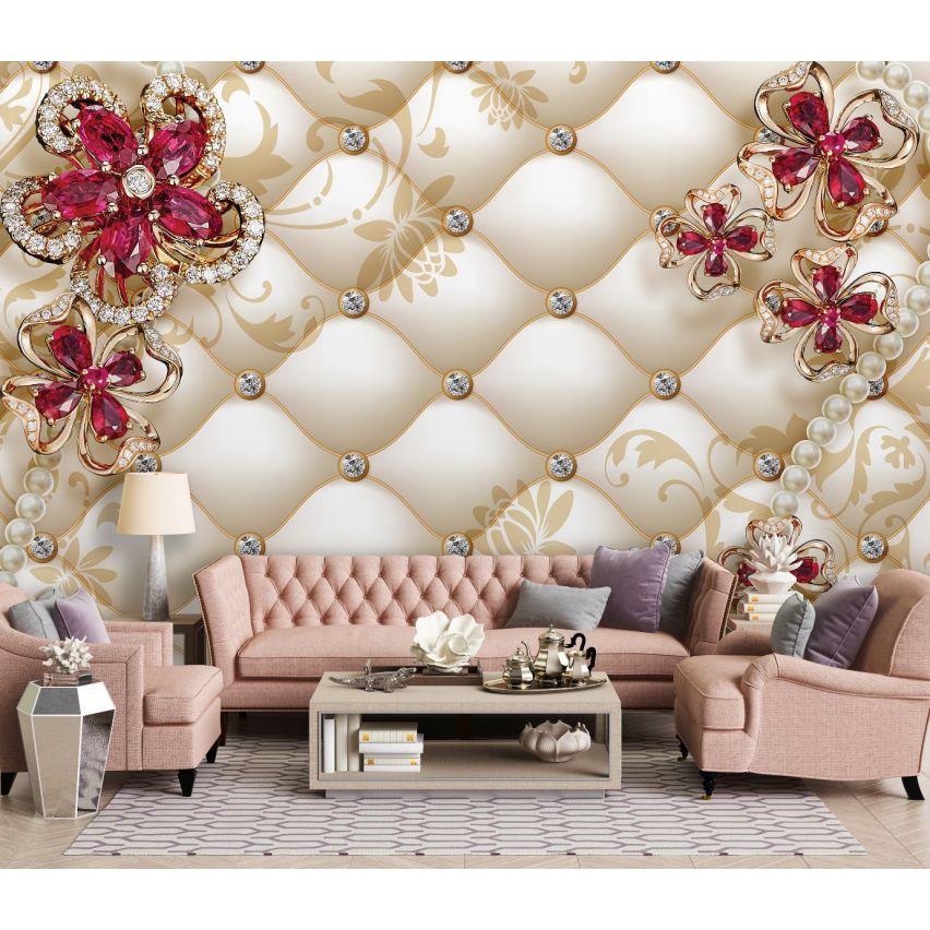Fototapete-VLIES-DIAMONDS AND PEARLS-(C12060)-Tapete-Nach-Maß-Blumen Gold Silber Muster Crystal Strukturen XXL