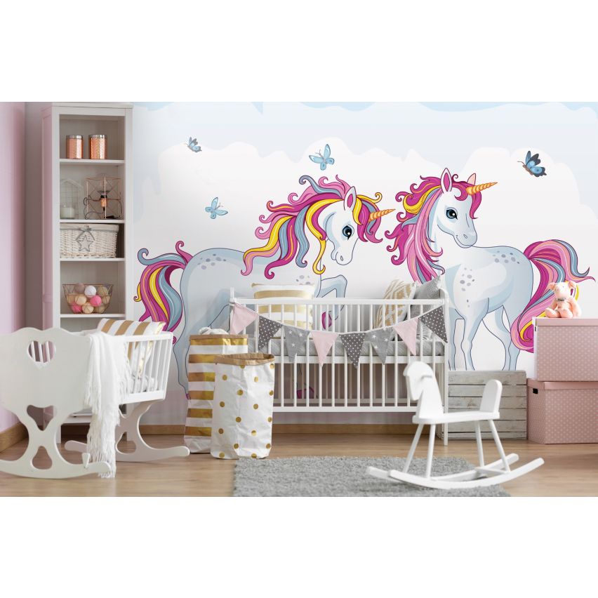Fototapete EINHORN-(C12550) - Vliestapete-Unicorn Pferd Kind Kids Farben XXL