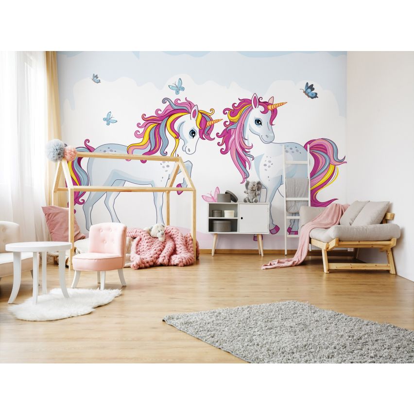 Fototapete EINHORN-(C12550) - Vliestapete-Unicorn Pferd Kind Kids Farben XXL