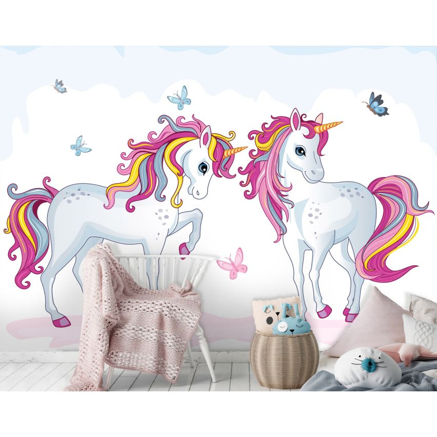 Fototapete EINHORN-(C12550) - Vliestapete-Unicorn Pferd Kind Kids Farben XXL