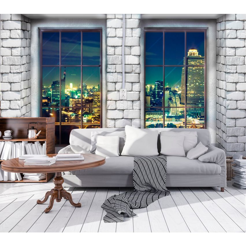 Photo Wall Mural-3D WHITE BRICKS TERRACE CITY-(C12983)-NON WOVEN-Wallpaper-Abstract XXL