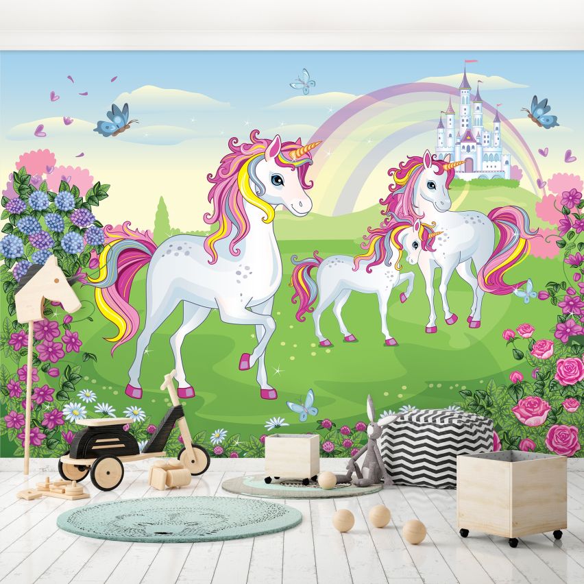Fototapete EINHORN-(C13239) - Vliestapete-Unicorn Pferd Kind Kids Farben XXL
