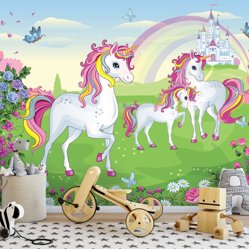 Fototapete EINHORN-(C13239) - Vliestapete-Unicorn Pferd Kind Kids Farben XXL