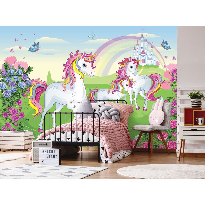 Fototapete EINHORN-(C13239) - Vliestapete-Unicorn Pferd Kind Kids Farben XXL