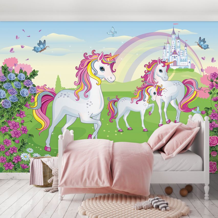 Fototapete EINHORN-(C13239) - Vliestapete-Unicorn Pferd Kind Kids Farben XXL