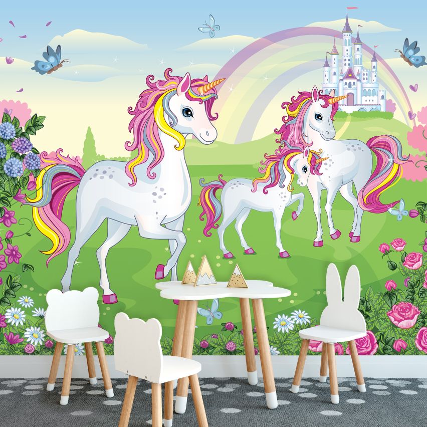Fototapete EINHORN-(C13239) - Vliestapete-Unicorn Pferd Kind Kids Farben XXL