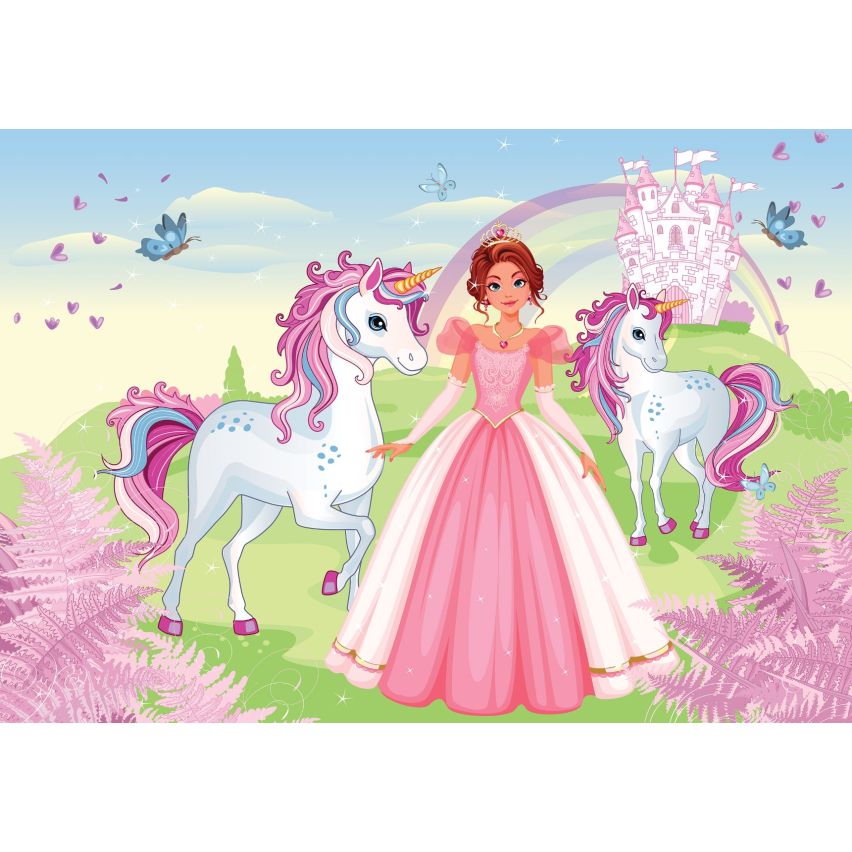 Fototapete EINHORN-(C13240) - Vliestapete-Unicorn Pferd Kind Kids Farben XXL