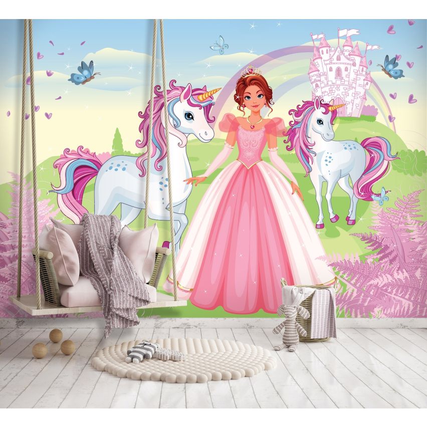 Fototapete EINHORN-(C13240) - Vliestapete-Unicorn Pferd Kind Kids Farben XXL