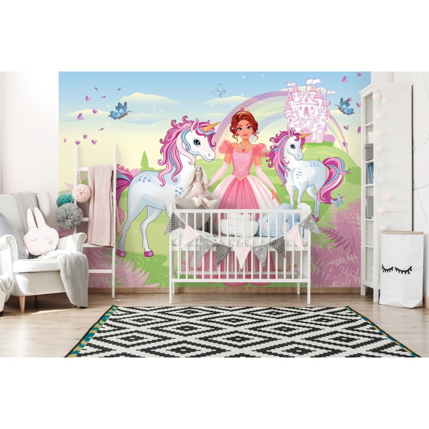 Fototapete EINHORN-(C13240) - Vliestapete-Unicorn Pferd Kind Kids Farben XXL