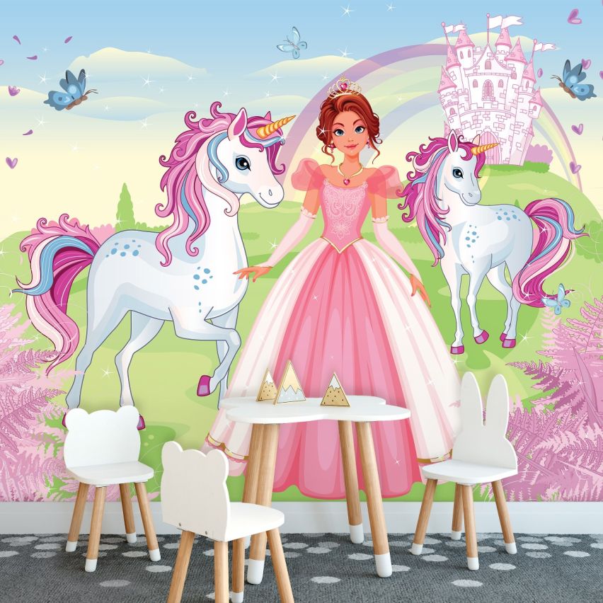 Fototapete EINHORN-(C13240) - Vliestapete-Unicorn Pferd Kind Kids Farben XXL