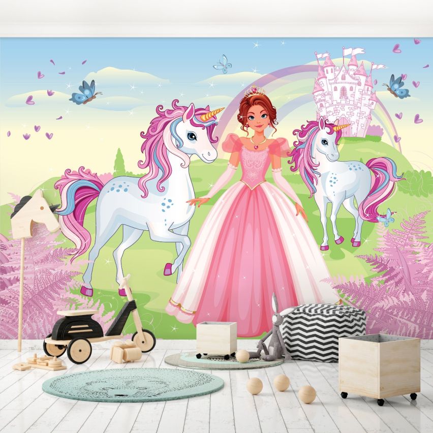 Fototapete EINHORN-(C13240) - Vliestapete-Unicorn Pferd Kind Kids Farben XXL