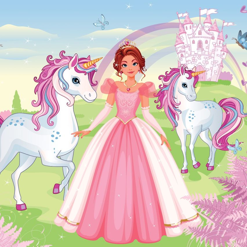 Fototapete EINHORN-(C13240) - Vliestapete-Unicorn Pferd Kind Kids Farben XXL