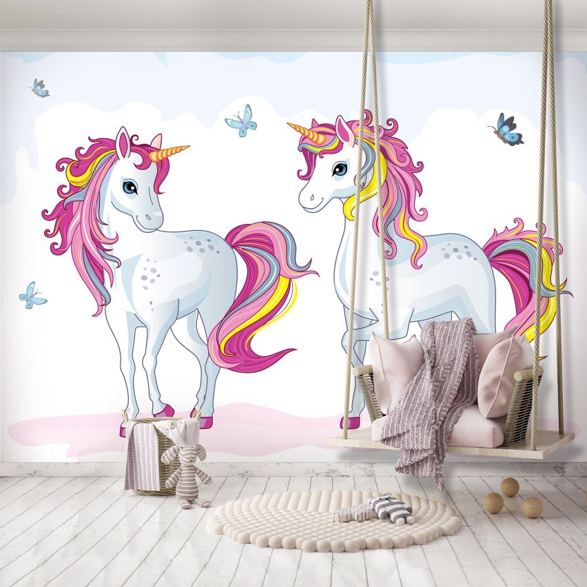 Fototapete EINHORN-(C13241) - Vliestapete-Unicorn Pferd Kind Kids Farben XXL