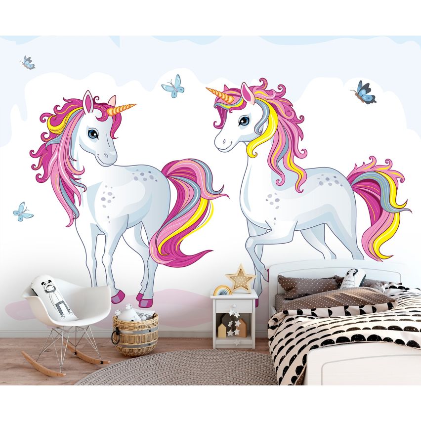 Fototapete EINHORN-(C13241) - Vliestapete-Unicorn Pferd Kind Kids Farben XXL