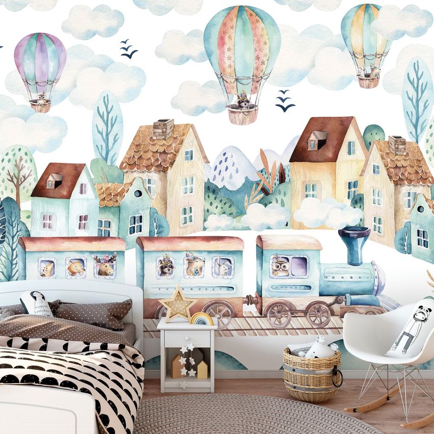 Fototapete-VLIES-ZEICHNUNG FLUGZEUG UND ZUG-(C13673)-Tapete-Nach-Mass-Kindheit Wand Kinder-Spielzimmer XXL