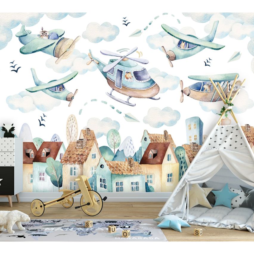 Fototapete-VLIES-ZEICHNUNG FLUGZEUG-(C13675)-Tapete-Nach-Mass-Jungen Wand Kinder-Spielzimmer XXL