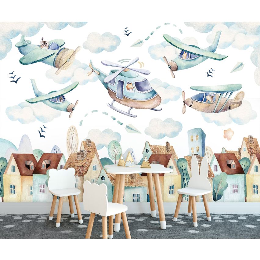 Fototapete-VLIES-ZEICHNUNG FLUGZEUG-(C13675)-Tapete-Nach-Mass-Jungen Wand Kinder-Spielzimmer XXL
