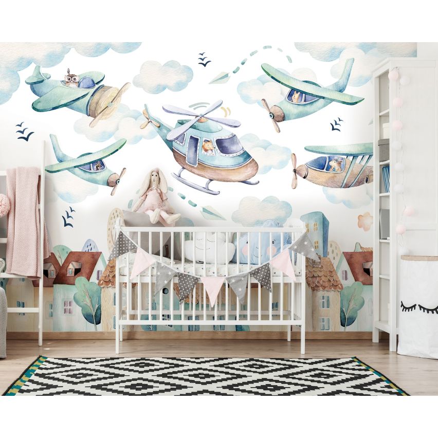 Fototapete-VLIES-ZEICHNUNG FLUGZEUG-(C13675)-Tapete-Nach-Mass-Jungen Wand Kinder-Spielzimmer XXL