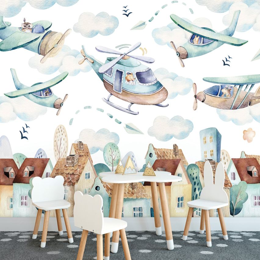 Fototapete-VLIES-ZEICHNUNG FLUGZEUG-(C13675)-Tapete-Nach-Mass-Jungen Wand Kinder-Spielzimmer XXL