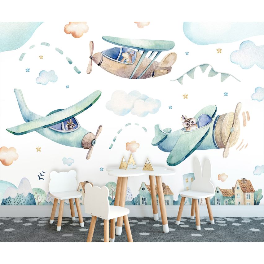 Fototapete-VLIES-ZEICHNUNG FLUGZEUG-(C13676)-Tapete-Nach-Mass-Junge Wand Kinder-Spielzimmer XXL (Copy)