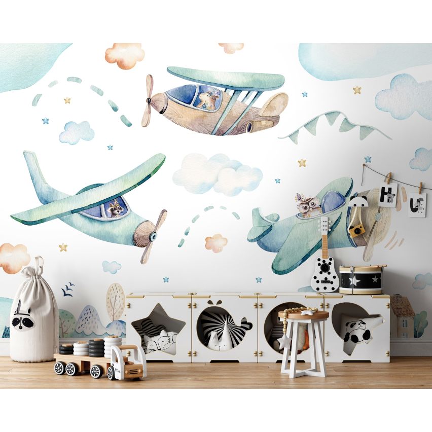 Fototapete-VLIES-ZEICHNUNG FLUGZEUG-(C13676)-Tapete-Nach-Mass-Junge Wand Kinder-Spielzimmer XXL (Copy)