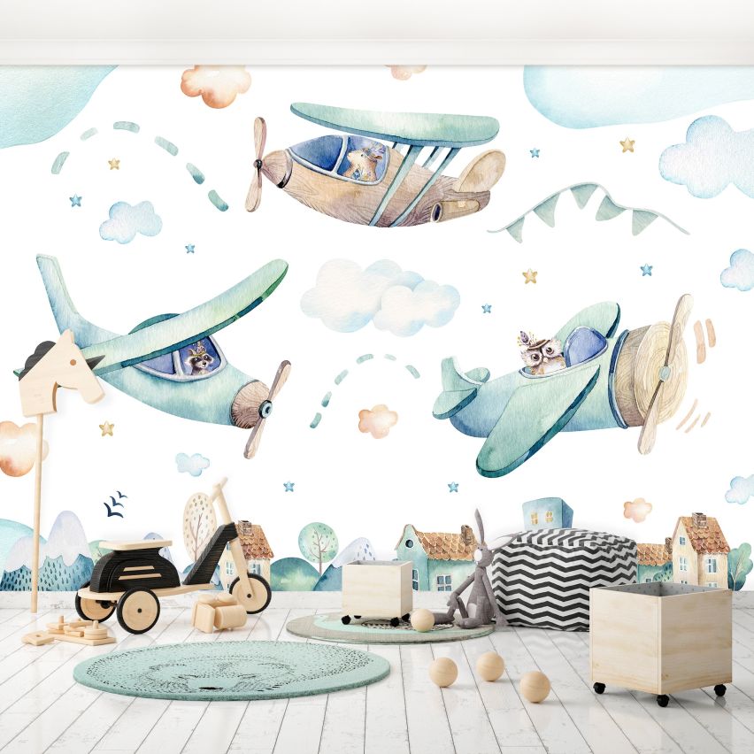 Fototapete-VLIES-ZEICHNUNG FLUGZEUG-(C13676)-Tapete-Nach-Mass-Junge Wand Kinder-Spielzimmer XXL (Copy)