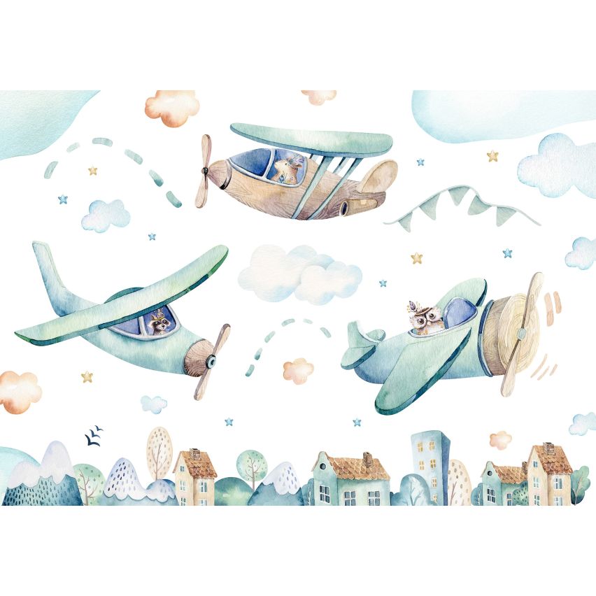 Fototapete-VLIES-ZEICHNUNG FLUGZEUG-(C13676)-Tapete-Nach-Mass-Junge Wand Kinder-Spielzimmer XXL (Copy)