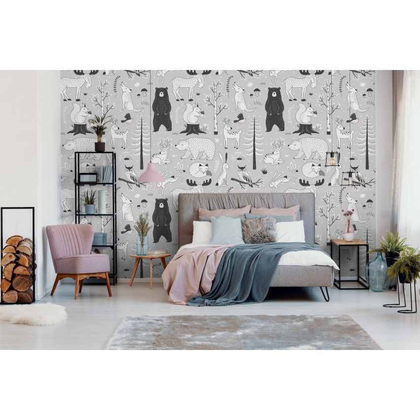 Fototapete-VLIES-WILDE TIERE WALD-(C13843)-Tapete-Nach-Mass-Bären Wand Kinder-Spielzimmer XXL
