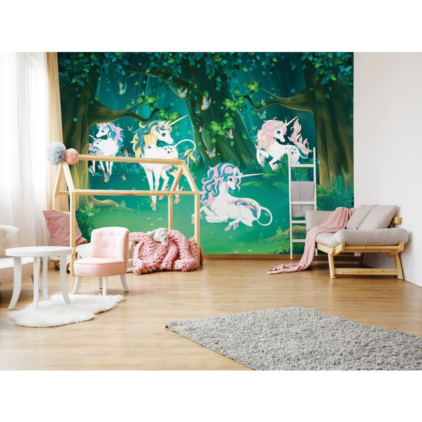 Fototapete EINHORN-(C13858) - Vliestapete-Unicorn Pferd Kind Kids Farben XXL