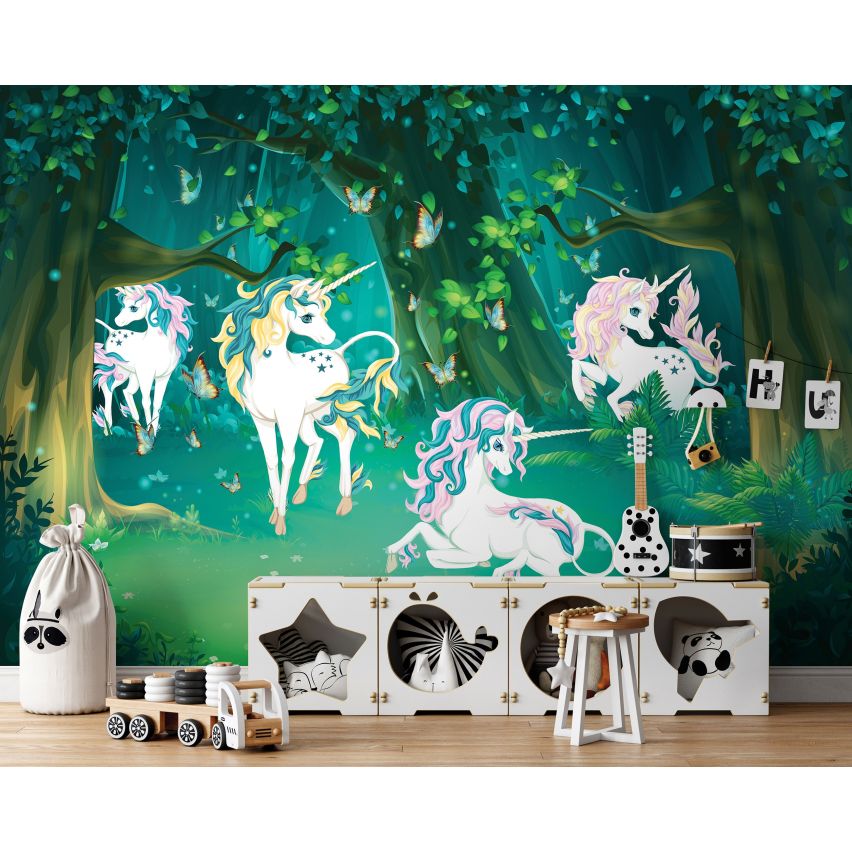 Fototapete EINHORN-(C13858) - Vliestapete-Unicorn Pferd Kind Kids Farben XXL