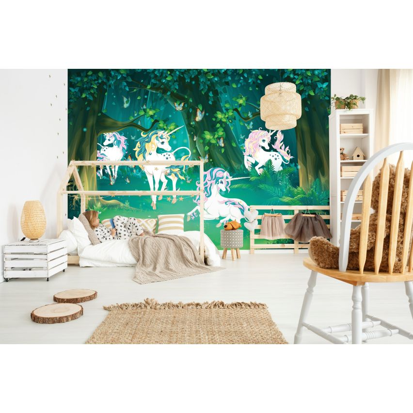 Fototapete EINHORN-(C13858) - Vliestapete-Unicorn Pferd Kind Kids Farben XXL