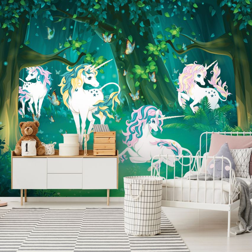 Fototapete EINHORN-(C13858) - Vliestapete-Unicorn Pferd Kind Kids Farben XXL