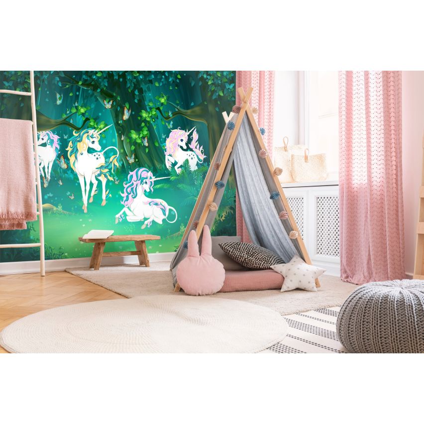 Fototapete EINHORN-(C13858) - Vliestapete-Unicorn Pferd Kind Kids Farben XXL