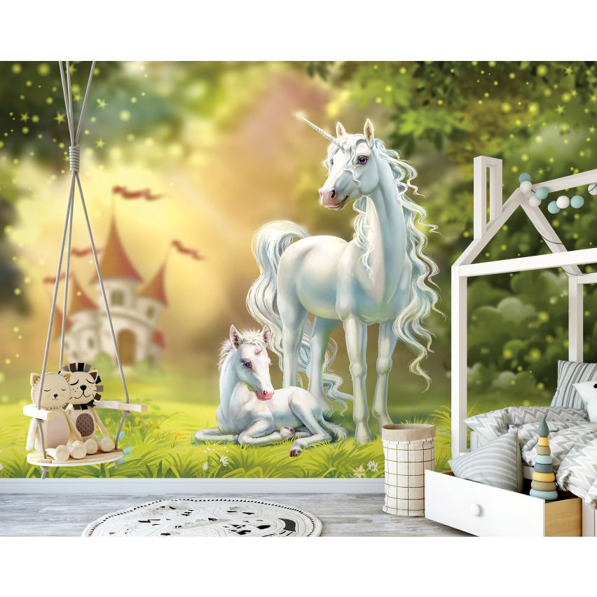 Fototapete EINHORN-(C13862) - Vliestapete-Unicorn Pferd Kind Kids Farben XXL