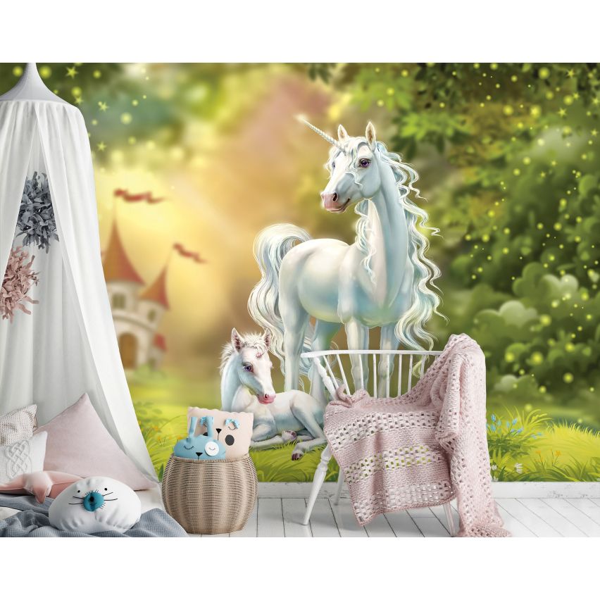 Fototapete EINHORN-(C13862) - Vliestapete-Unicorn Pferd Kind Kids Farben XXL
