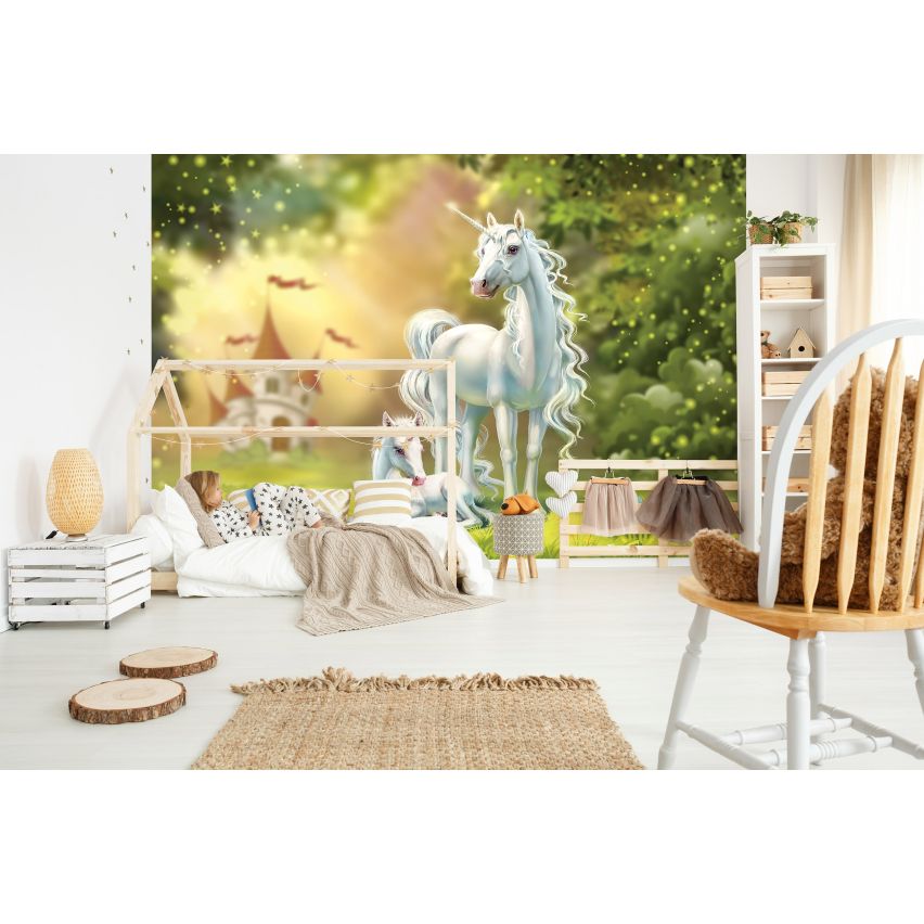 Fototapete EINHORN-(C13862) - Vliestapete-Unicorn Pferd Kind Kids Farben XXL