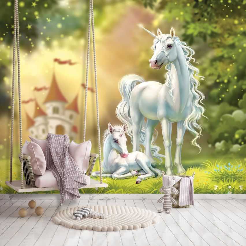 Fototapete EINHORN-(C13862) - Vliestapete-Unicorn Pferd Kind Kids Farben XXL