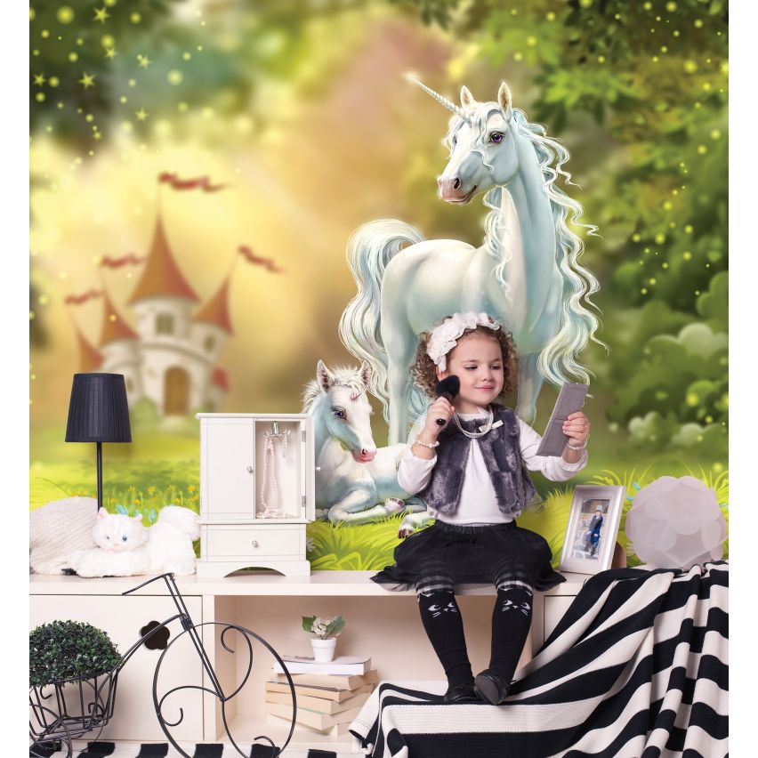 Fototapete EINHORN-(C13862) - Vliestapete-Unicorn Pferd Kind Kids Farben XXL