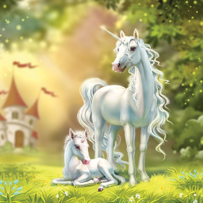 Fototapete EINHORN-(C13862) - Vliestapete-Unicorn Pferd Kind Kids Farben XXL