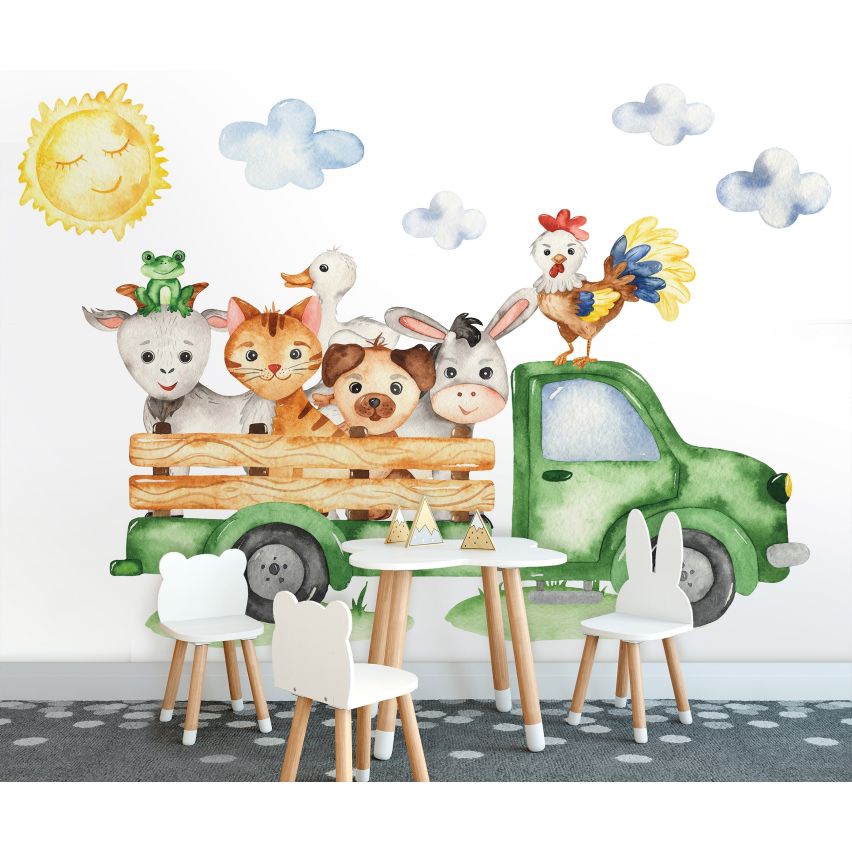 Fototapete-VLIES-FARM DER TIERE-(C13879)-Tapete-Nach-Mass-Bauernhof LKW Tiere Kaninchen Wand Kinder-Spielzimmer XXL