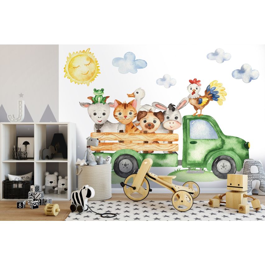 Fototapete-VLIES-FARM DER TIERE-(C13879)-Tapete-Nach-Mass-Bauernhof LKW Tiere Kaninchen Wand Kinder-Spielzimmer XXL