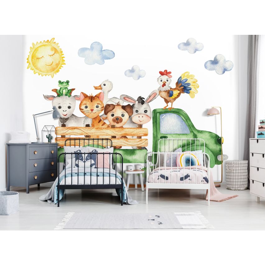 Fototapete-VLIES-FARM DER TIERE-(C13879)-Tapete-Nach-Mass-Bauernhof LKW Tiere Kaninchen Wand Kinder-Spielzimmer XXL