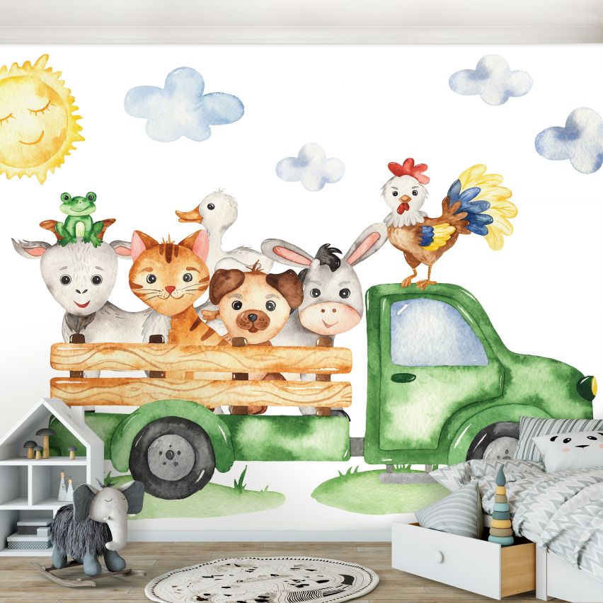 Fototapete-VLIES-FARM DER TIERE-(C13879)-Tapete-Nach-Mass-Bauernhof LKW Tiere Kaninchen Wand Kinder-Spielzimmer XXL
