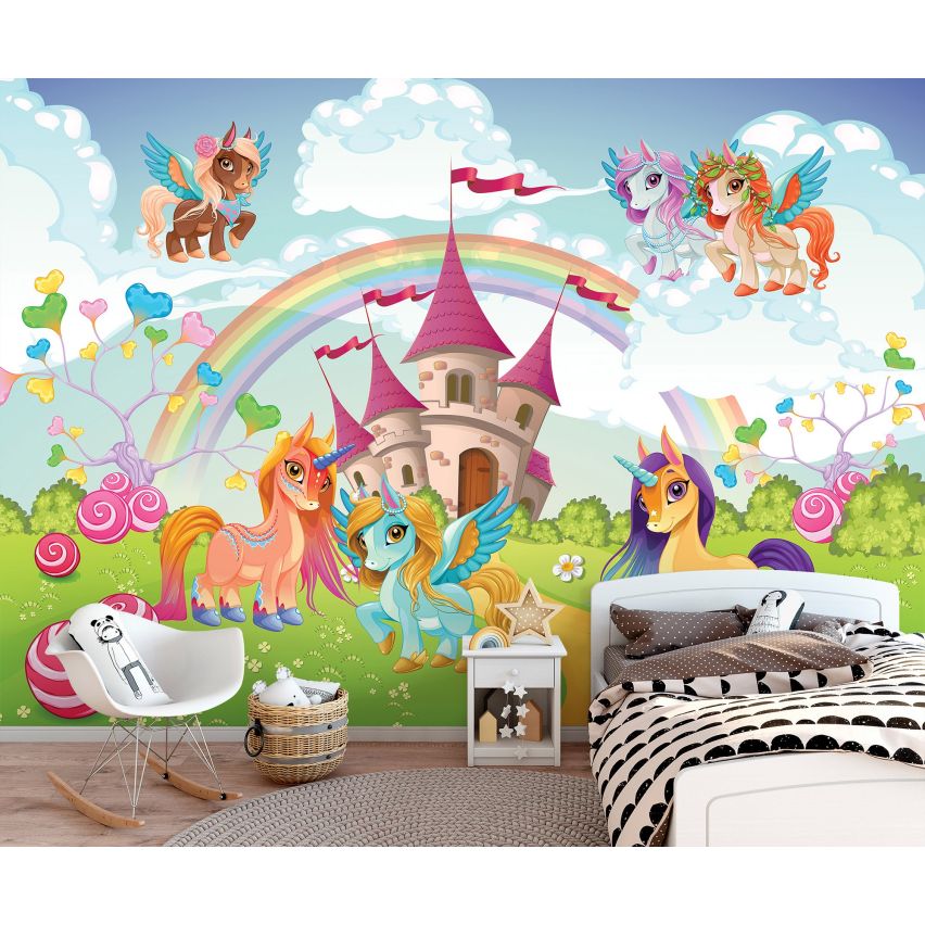 Fototapete EINHORN-(C13882) - Vliestapete-Unicorn Pferd Kind Kids Farben XXL